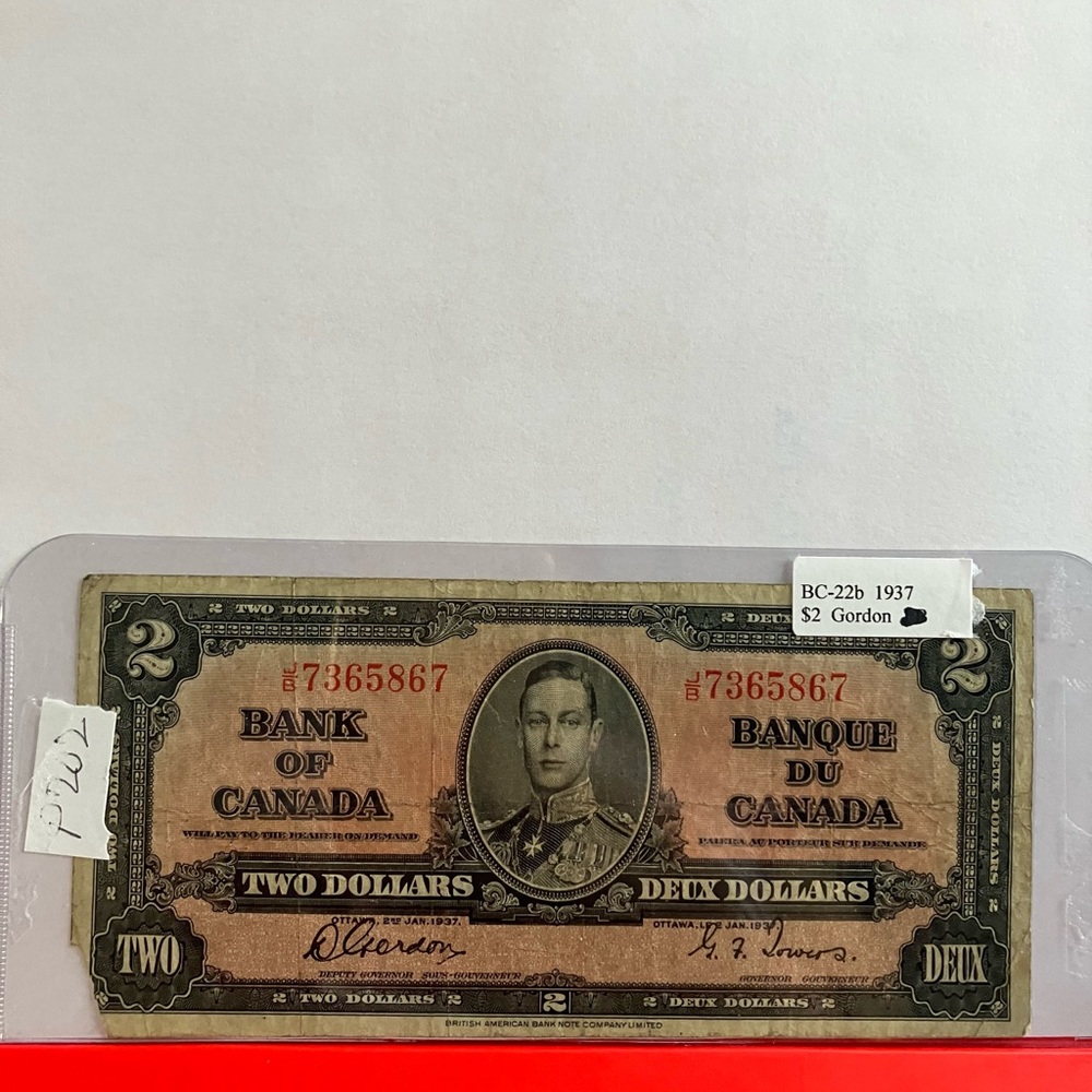 1937 Vintage Bank of Canada Two Dollar $2 Bill Bank Note